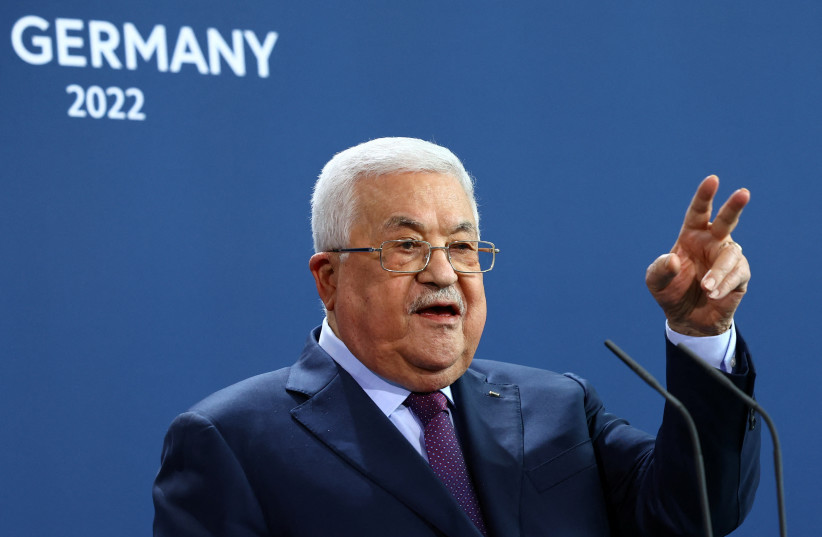  Palestinian President Mahmoud Abbas attends a news conference with German Chancellor Olaf Scholz, in Berlin, Germany, August 16, 2022. (photo credit: REUTERS/LISI NIESNER)