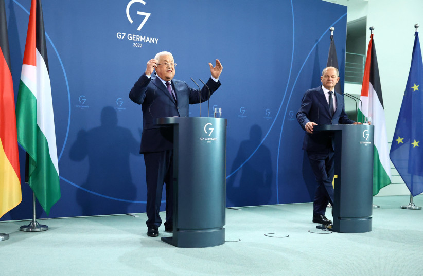  Palestinian President Mahmoud Abbas attends a news conference with German Chancellor Olaf Scholz, in Berlin, Germany, August 16, 2022. (credit: REUTERS/LISI NIESNER)