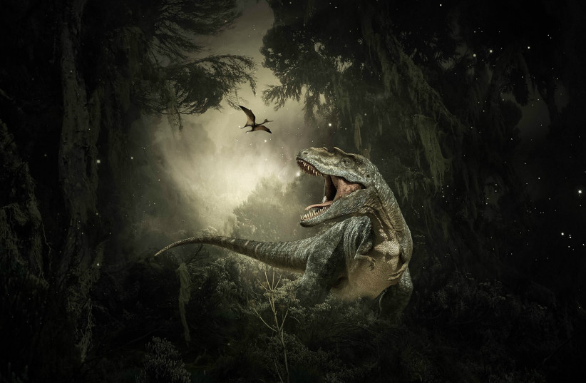  The T-rex dinosaur is seen in a prehistoric jungle in this artistic illustration. (credit: PIXABAY)
