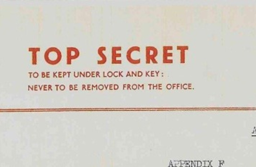 Document with the words "Top Secret" on it. (Illustrative) (photo credit: UK Public Record Office/Wikimedia Commons)
