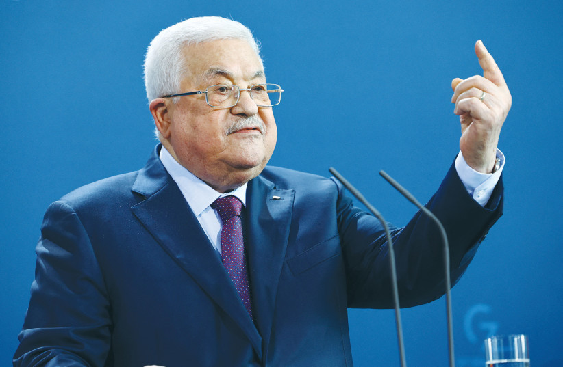  PALESTINIAN AUTHORITY President Mahmoud Abbas gestures during his news conference with German Chancellor Olaf Scholz in Berlin on August 16.  (photo credit: Lisi Niesner/Reuters)
