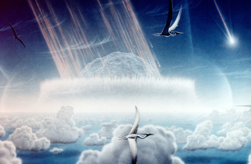 Artistic depiction of an asteroid slamming into tropical, shallow seas of the sulfur-rich Yucatan Peninsula in what is today southeast Mexico, killing the dinosaurs. (credit: Wikimedia Commons)
