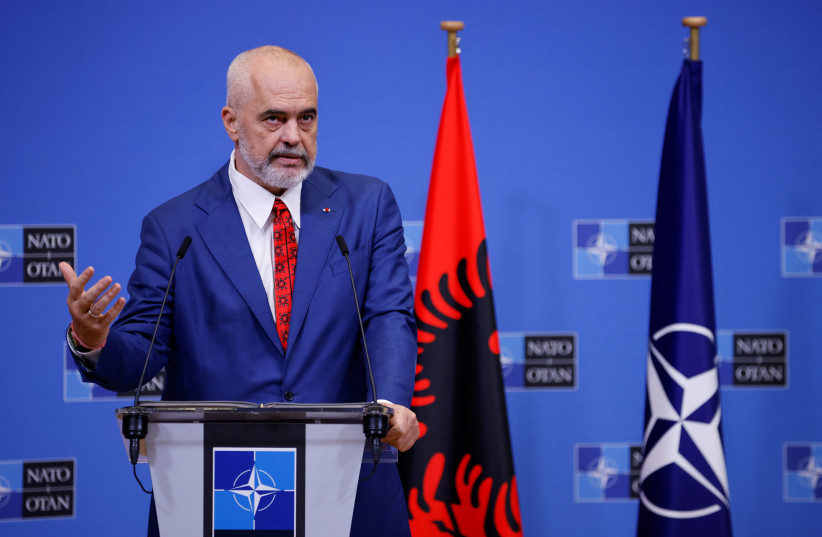 Albanian Prime Minister Edi Rama speaks during a joint news conference with NATO Secretary-General Jens Stoltenberg at the alliance's headquarters in Brussels, Belgium, July 13, 2022. (credit:  REUTERS/JOHANNA GERON)