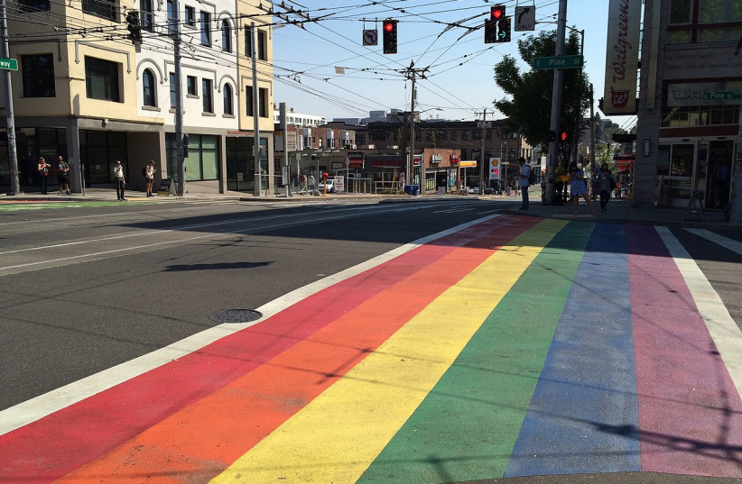  A rainbow crosswalk in Seattle, similar to the one in Atlanta, Georgia. (photo credit: Wikimedia Commons)