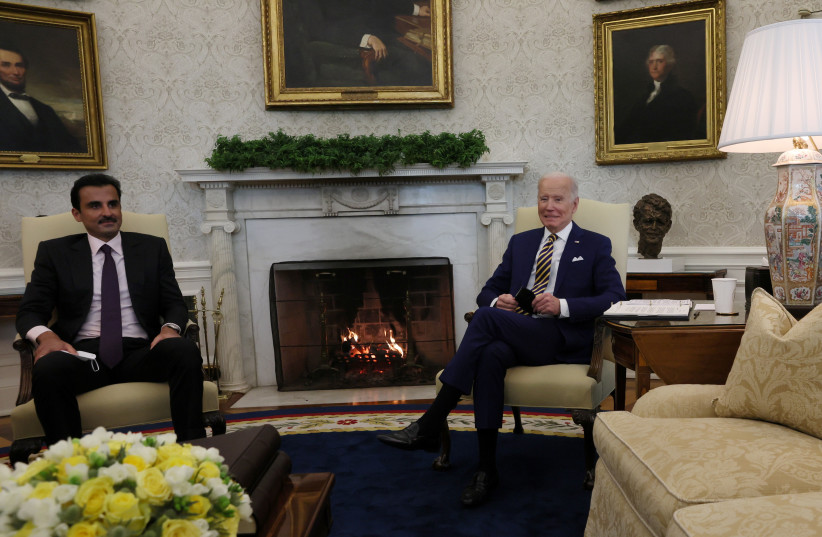  US President Joe Biden meets with Qatar's Emir Sheikh Tamim bin Hamad Al Thani at the White House, earlier this year.  (photo credit: LEAH MILLIS/REUTERS)