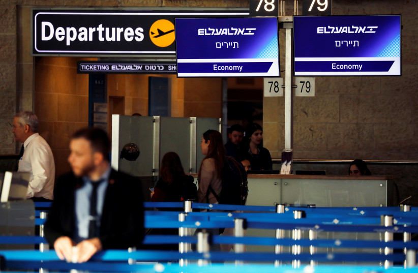  El Al Israel Airlines counters are seen at Ben Gurion International airport in Lod, near Tel Aviv, Israel February 27, 2020 (photo credit: REUTERS/AMIR COHEN)
