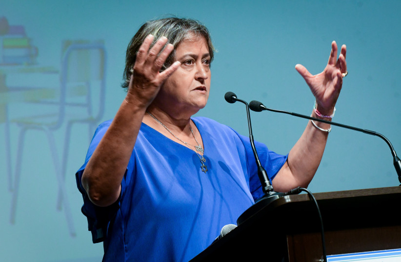  Yaffa Ben David, the secretary general of the Teachers Union speaks at a conference of the Union of Local Authorities ahead of the opening of the school year in Ganei Tikva, August 18, 2022. (photo credit: AVSHALOM SASSONI/FLASH90)