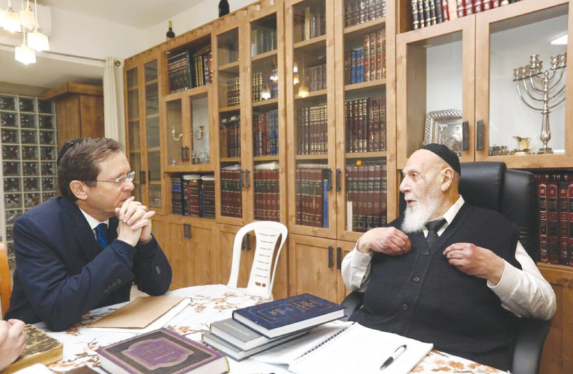  PRESIDENT ISAAC HERZOG with Shas spiritual mentor Rabbi Shalom Cohen. (photo credit: SHLOMI COHEN)