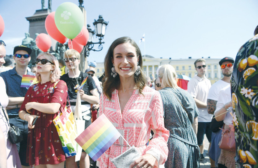  FINLAND’S Prime Minister Sanna Marin participates in the Helsinki Pride 2022 march last month.  (photo credit: Saara Peltola/Lehtikuva/via Reuters)