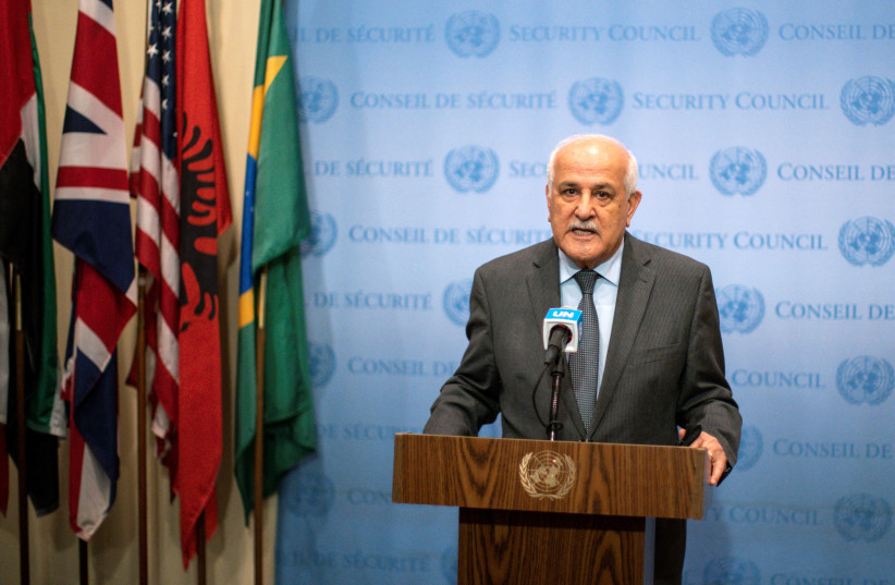  Palestinian Authority Ambassador to the UN Riyad Mansour speaks to reporters at UN headquarters in New York, US, August 8, 2022 (photo credit: EDUARDO MUNOZ / REUTERS)