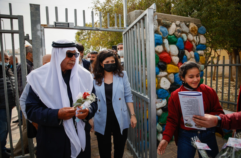  Head of the education committee MK Sharren Haskel visits at a school in the Bedouin town Kuseife, February 17, 2022 (photo credit: FLASH90)