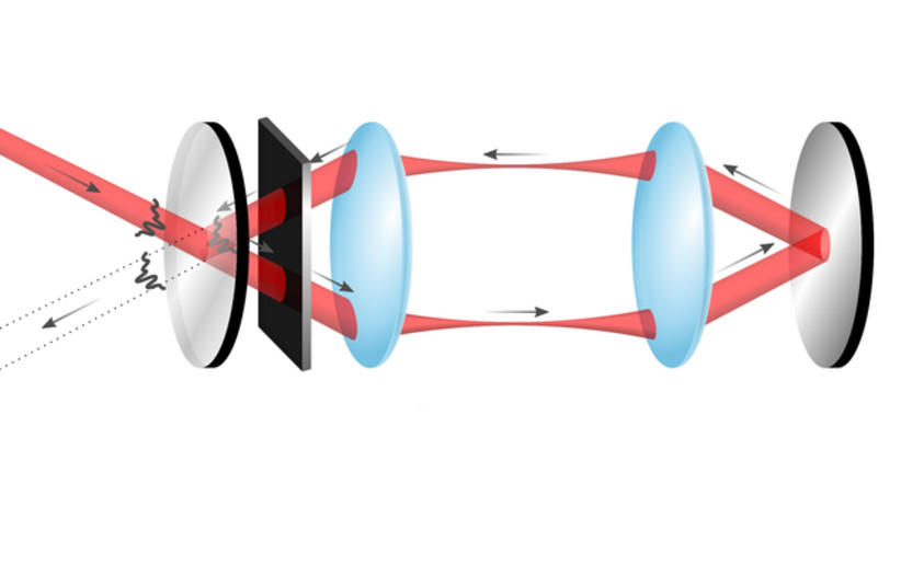  The “light trap” setup, consisting of a partially transparent mirror, a thin, weak absorber, two converging lenses and a totally reflecting mirror is shown. (photo credit: TU Wien)