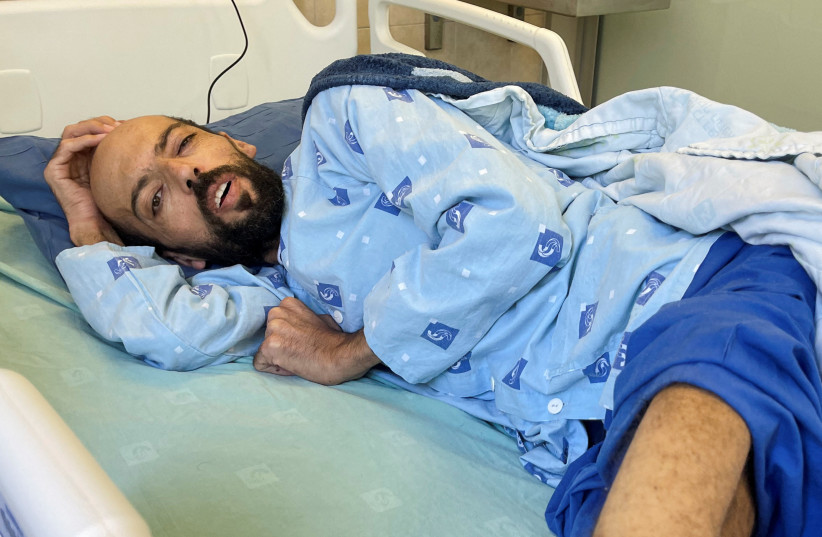  Palestinian administrative prisoner Khalil Awawdeh, who has been on a hunger strike for more than 160 days, is seen at Assaf Harofeh hospital in Be'er Ya'akov, Israel August 24, 2022. (photo credit: REUTERS/SINAN ABU MAYZER)