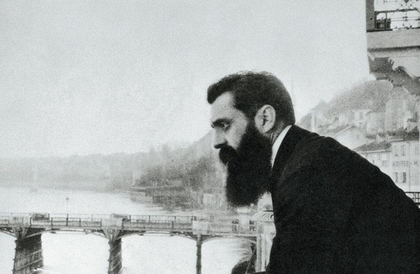 Modern Zionism's founding father Theodor Herzl at the Grand Hôtel Les Trois Rois (Three Kings Hotel) in Basel at the first Zionist Congress, 1897.    (credit: EPHRAIM MOSHE LILIEN)