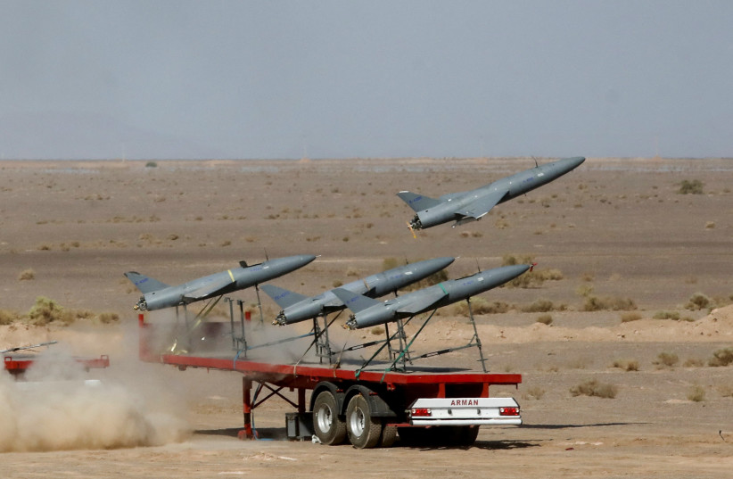  A drone is launched during a military exercise in an undisclosed location in Iran, in this handout image obtained on August 25, 2022. (credit: IRANIAN ARMY/WANA/REUTERS)