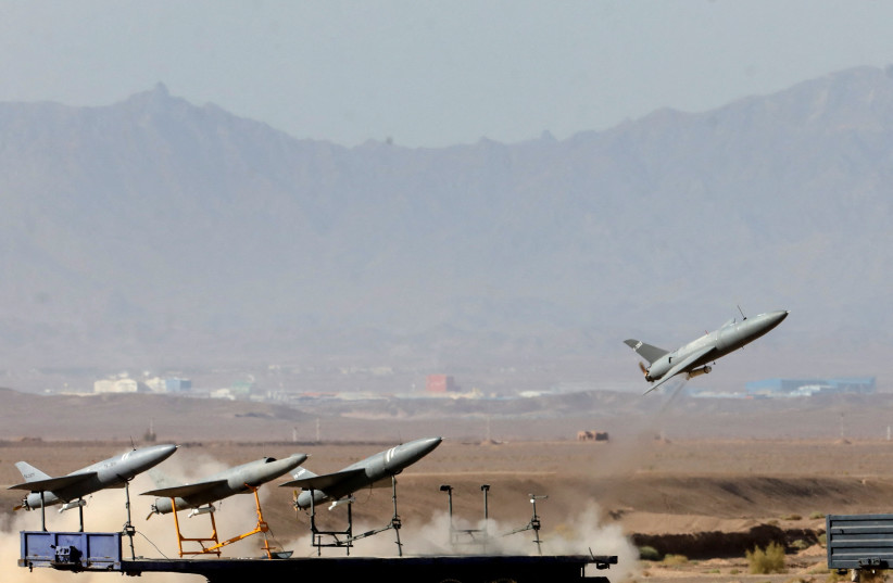 A drone is launched during a military exercise in an undisclosed location in Iran, in this handout image obtained on August 25, 2022 (photo credit: VIA REUTERS)