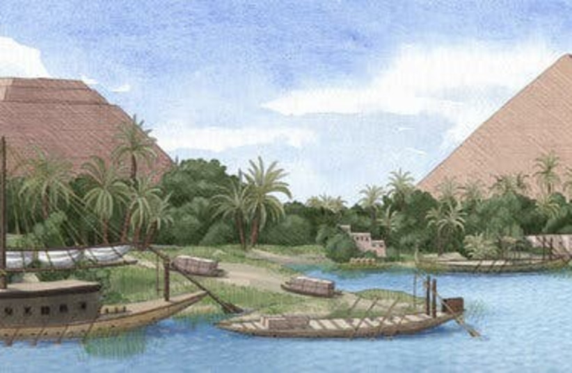  An artist’s reconstruction of the now defunct Khufu branch of the Nile River (photo credit: Alex Boersma/Proceedings of the National Academy of Sciences)