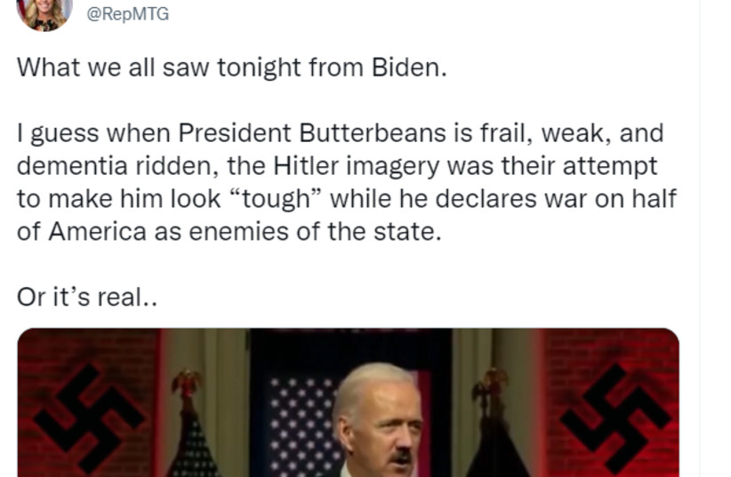  MTG posts video of Biden speech with deepfake of Hitler's face on Twitter. (credit: screenshot)