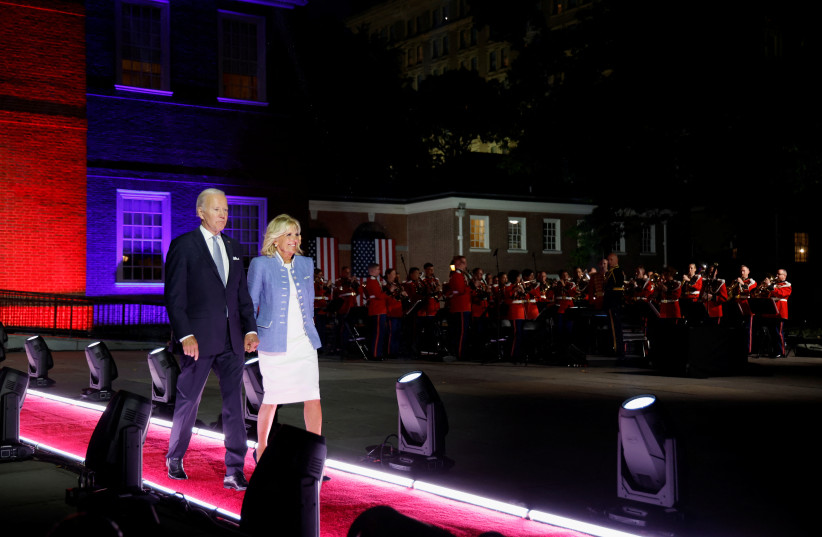 US President Joe Biden, protected by bulletproof glass, delivers remarks on what he calls the "continued battle for the Soul of the Nation" in front of Independence Hall at Independence National Historical Park, Philadelphia, US, September 1, 2022 (photo credit: REUTERS)
