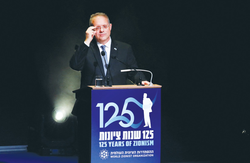  CHAIRMAN OF the World Zionist Organization Yaakov Hagoel addresses last week’s conference on the occasion of the 125th anniversary of the First Zionist Congress in Basel.  (credit: Arnd Wiegmann/Reuters)