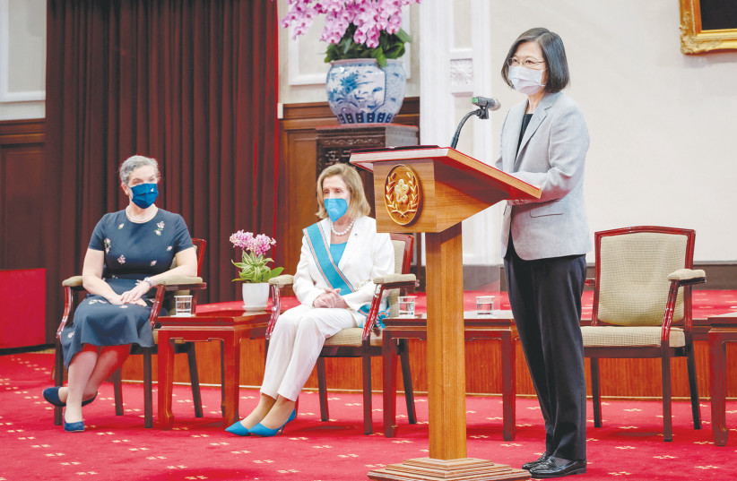  TAIWANESE PRESIDENT Tsai Ing-wen speaks next to US House of Representatives Speaker Nancy Pelosi and American Institute in Taiwan Director Sandra Oudkirk, during a meeting at the presidential office in Taipei, last month. (credit: TAIWAN PRESIDENTIAL OFFICE/REUTERS)