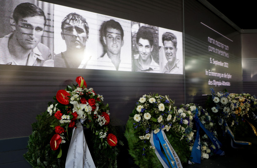  Wreath are placed during a ceremony, commemorating the 50th anniversary of the attack on the Israeli team at the 1972 Munich Olympics in which eleven Israelis, a German policeman and five of the Palestinian gunmen died takes place near the Olympic village in Munich, Germany, September 5, 2022 (photo credit: REUTERS/LEONHARD FOEGER)