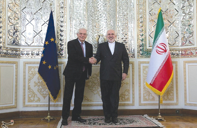 THEN-IRANIAN foreign minister Javad Zarif meets with EU foreign policy chief Josep Borrell in Tehran, in 2020. Human rights in Iran are a victim of negotiations on the nuclear file and trade between the EU and Iran, says the writer (photo credit: TASNIM NEWS AGENCY/REUTERS)