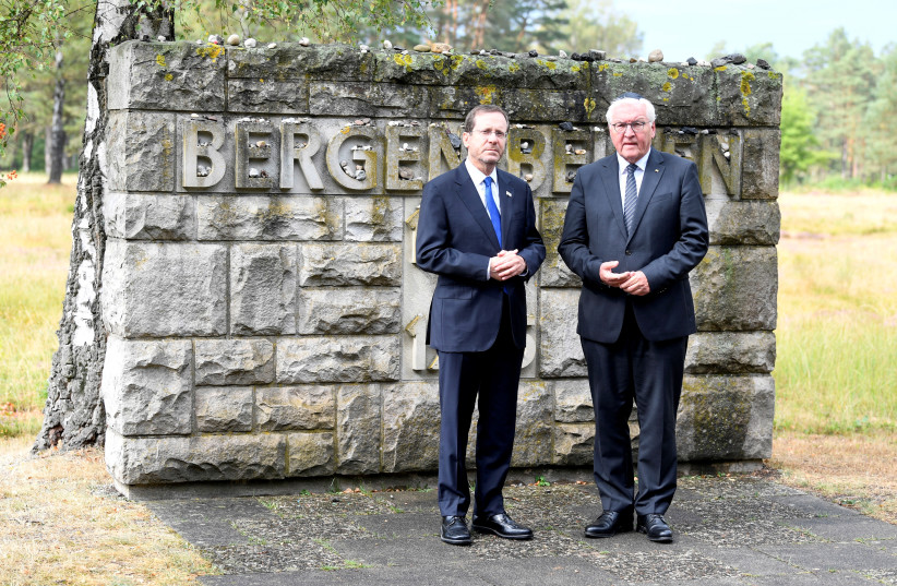  German President Frank-Walter Steinmeier and Israel's President Isaac Herzog visit the memorial site of the former WWII concentration camp Bergen-Belsen in Lohheide, Germany, September 6, 2022.  (credit: FABIAN BIMMER / REUTERS)