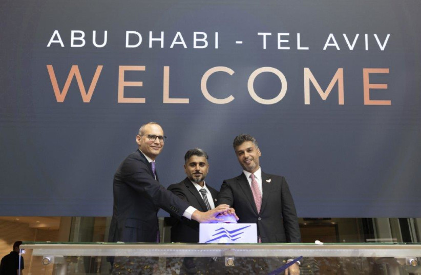 Right to left: UAE Ambassador to the State of Israel, Mohamed Al Khaja; ADGM Chairman, Ahmed Jasim Al Zaabi; and TASE CEO, Ittai Ben Zeev (photo credit: KOBI WOLF)