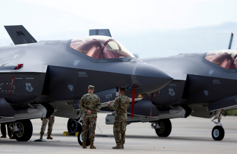  Two F35 fighter jets from the Vermont Air National Guard's 134th fighter squadron, which are for the first time part of NATO's security policy, stand parked at Skopje Airport, North Macedonia June 17, 2022. (photo credit: REUTERS/OGNEN TEOFILOVSKI)