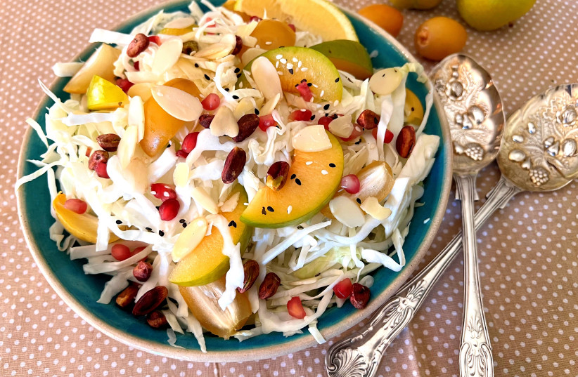  Cabbage, plum, date and pomegranate seed salad (photo credit: PASCALE PEREZ-RUBIN)