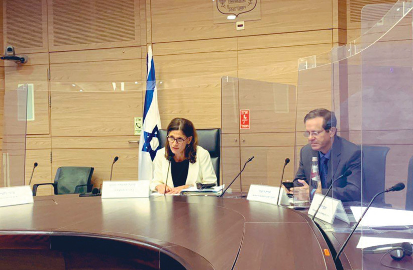  THE WRITER sits alongside President Issac Herzog, who served then as Jewish Agency chairman, at a task force hearing in the Knesset, 2020. (photo credit: Courtesy Michal Cotler-Wunsh)