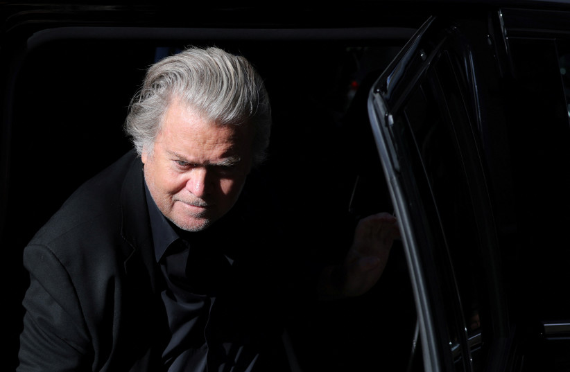  Former US President Donald Trump's White House chief strategist Steve Bannon arrives to surrender at the Manhattan District Attorney's Office in Manhattan, New York City, US, September 8, 2022.  (photo credit: REUTERS/ANDREW KELLY)