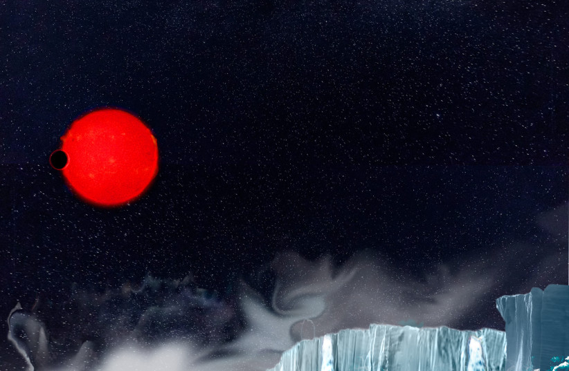  Artistic impression of the view from a water world, with a red dwarf star in the background. (photo credit: Pilar Montañés (@pilar.monro))