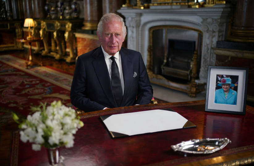 King Charles III delivers his address to the nation and the Commonwealth from Buckingham Palace, London, following the death of Queen Elizabeth II on Thursday. Picture date: Friday September 9, 2022. (photo credit: YUI MOK/POOL VIA REUTERS)