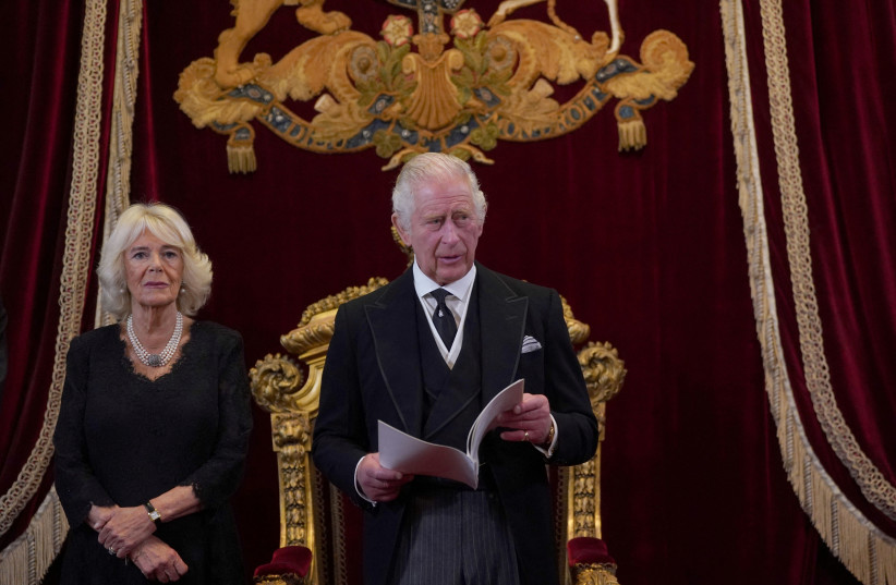  Queen Camilla and Britain's King Charles attend the Accession Council at St James's Palace, where he is formally proclaimed Britain's new monarch, following the death of Queen Elizabeth II, in London, Britain September 10, 2022. (photo credit: VICTORIA JONES/POOL VIA REUTERS)