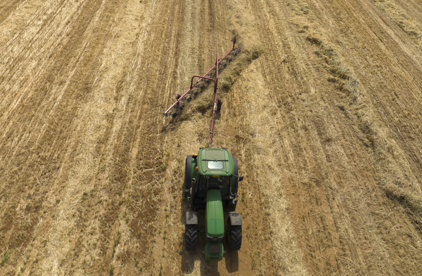 An ariel view shows a farmer harvests wheat with a machine in central Israel, April 20, 2022. (credit: MATANYA TAUSIG/FLASH90)