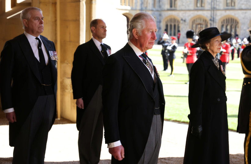  Britain's Prince Charles, Princess Anne, Prince Andrew, Duke of York and Prince Edward, Earl of Wessex attend the funeral of Britain's Prince Philip, husband of Queen Elizabeth, who died at the age of 99, in Windsor, Britain, April 17, 2021.  (credit: CHRIS JACKSON/POOL VIA REUTERS)