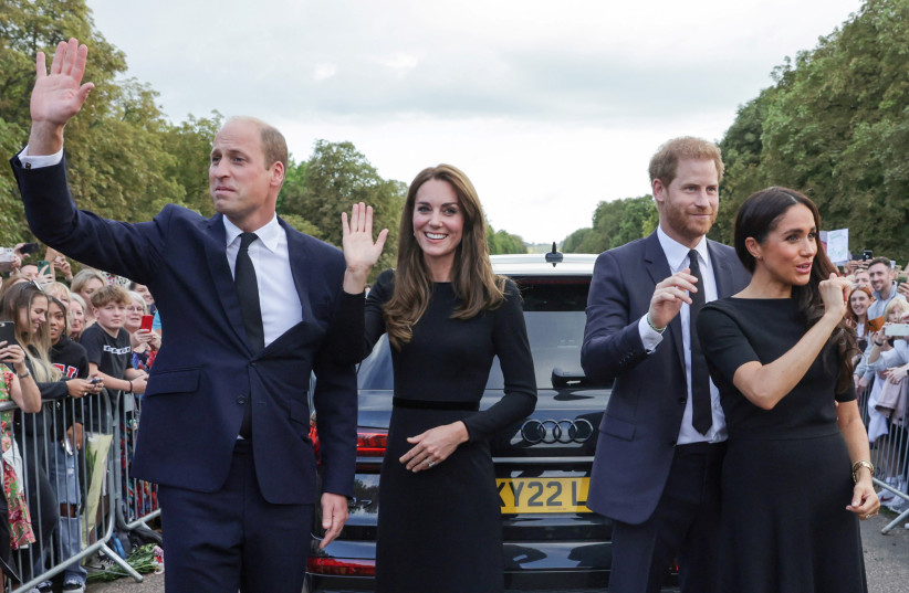  Britain's William, Prince of Wales, Catherine, Princess of Wales, Britain's Prince Harry and Meghan, the Duchess of Sussex, wave to members of the public at Windsor Castle, following the passing of Britain's Queen Elizabeth, in Windsor, Britain, September 10, 2022. (credit: CHRIS JACKSON/POOL VIA REUTERS)