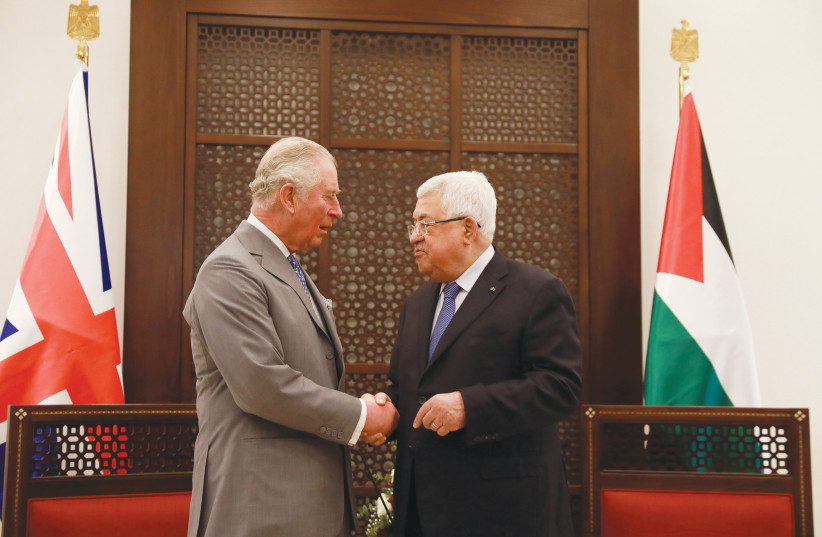  KING CHARLES III, as the Prince of Wales, meets with Palestinian Authority head Mahmoud Abbas in Bethlehem, 2020. (photo credit: FLASH90)