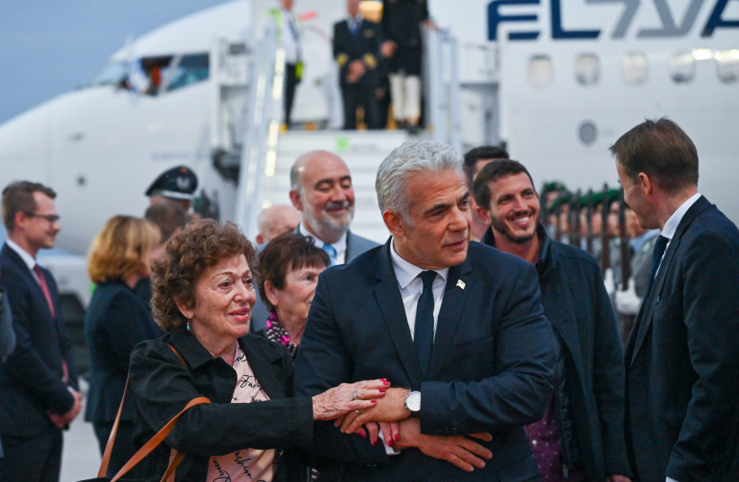  Prime Minister Yair Lapid lands in Germany for a diplomatic visit with Holocaust survivor Shosh Terrister, September 11, 2022.  (photo credit: KOBI GIDEON/GPO)