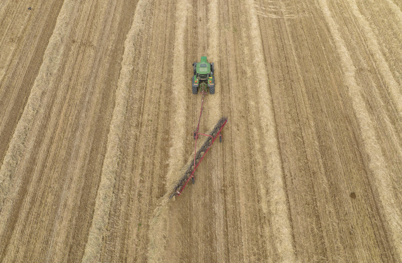  An ariel view shows a farmer harvests wheat with a machine in central Israel, April 20, 2022.  (photo credit: MATANYA TAUSIG/FLASH90)