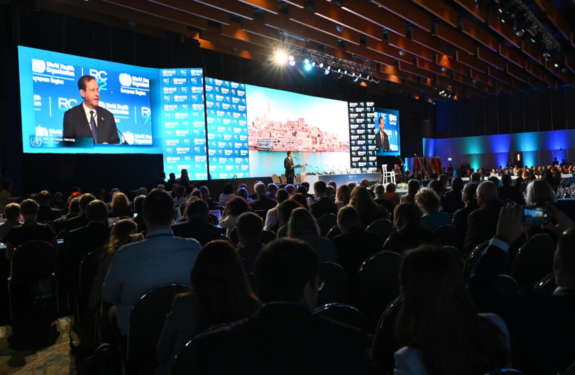  President Isaac Herzog speaking at the European Regional Conference of the World Health Organization, September 12, 2022. (photo credit: HAIM ZACH/GPO)