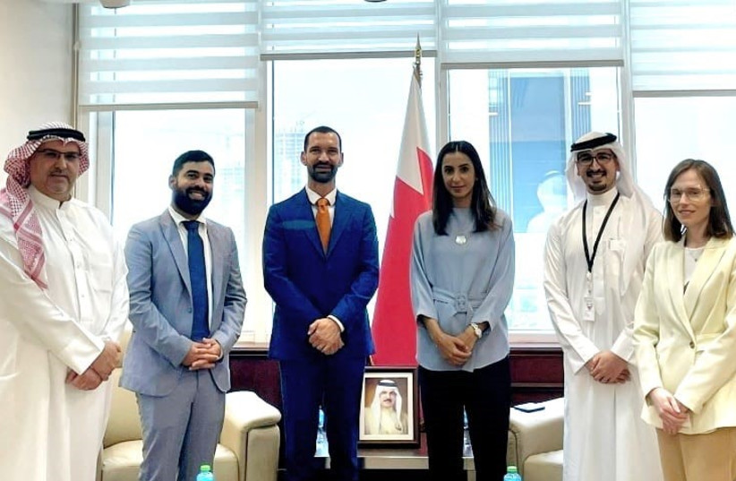  THE WRITER (third from left) takes part in a binational meeting with the participation of Bahraini Minister of Sustainable Development Noor bint Ali Al Khelif (third from right) in Manama, last month (photo credit: START-UP NATION CENTRAL)