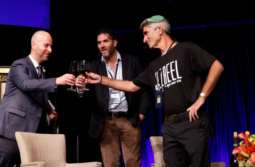   Left to right: Jerusalem Post Editor-in-Chief Yaakov Katz, Joshua Greenstein,executive vice-president for sales and marketing of the Israel Wine Producers Association, and Jacob Ner-David, founder and chairman of the Jezreel Valley Winery. (photo credit: MARC ISRAEL SELLEM)