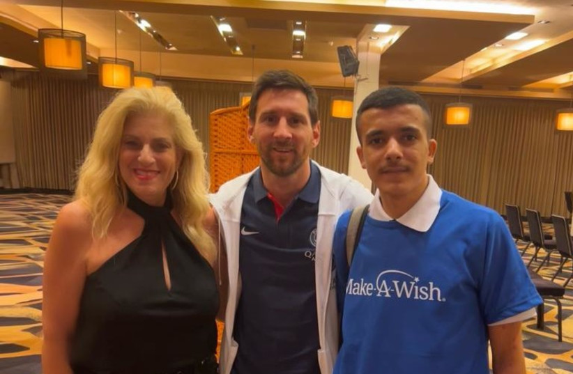 CEO of Make-A-Wish Israel Denise Bar-Aharon (left) with Lionel Messi (center) and Arafa Hwamdeh (right) (photo credit: Make-A-Wish)