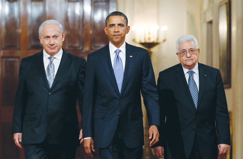  BARACK OBAMA is flanked by Benjamin Netanyahu and Mahmoud Abbas at the White House, 2010. Prime ministers, including Netanyahu, negotiated with the Palestinian leader when they thought it was in Israel’s interest to do so, says the writer.  (photo credit: JASON REED/REUTERS)