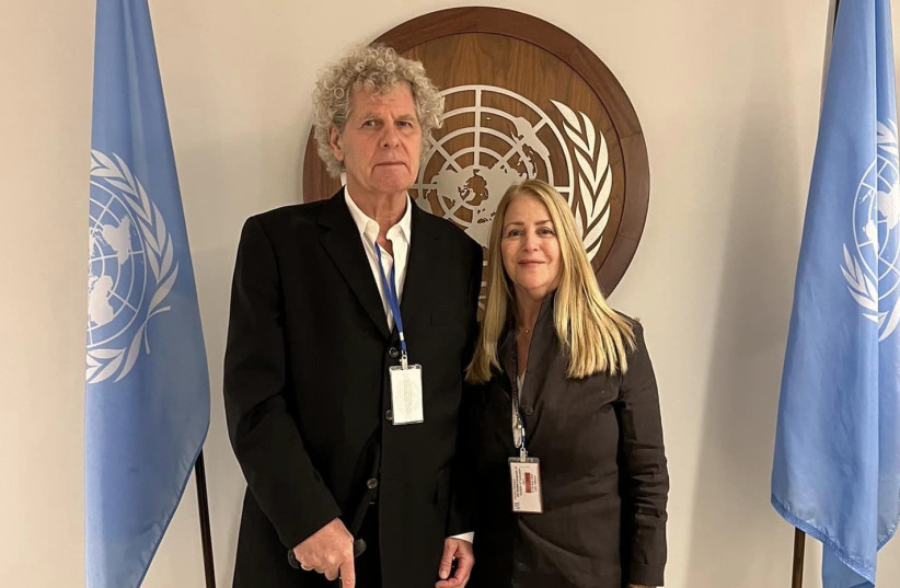 Jack Baxter and Fran Strauss-Baxter at UN Headquarters, Sept. 8, 2022. (photo credit: JACK BAXTER)