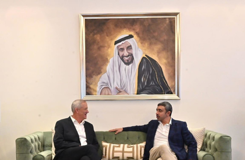  Defense Minister Benny Gantz and UAE Foreign Minister  Abdullah Bin Zayed.  (credit: ARIEL HARMONI/DEFENSE MINISTRY)