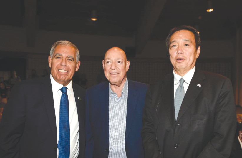  SPEAKER OF the Knesset MK Mickey Levy, Chairman of AEV Zvi Neta and Japanese Ambassador to Israel Mizushima Koichi attend the opening of ‘Time Tunnel - Japan and the Jews’ at the Tikotin Museum of Japanese Art in Haifa last week. (photo credit: MORAG BITAN)